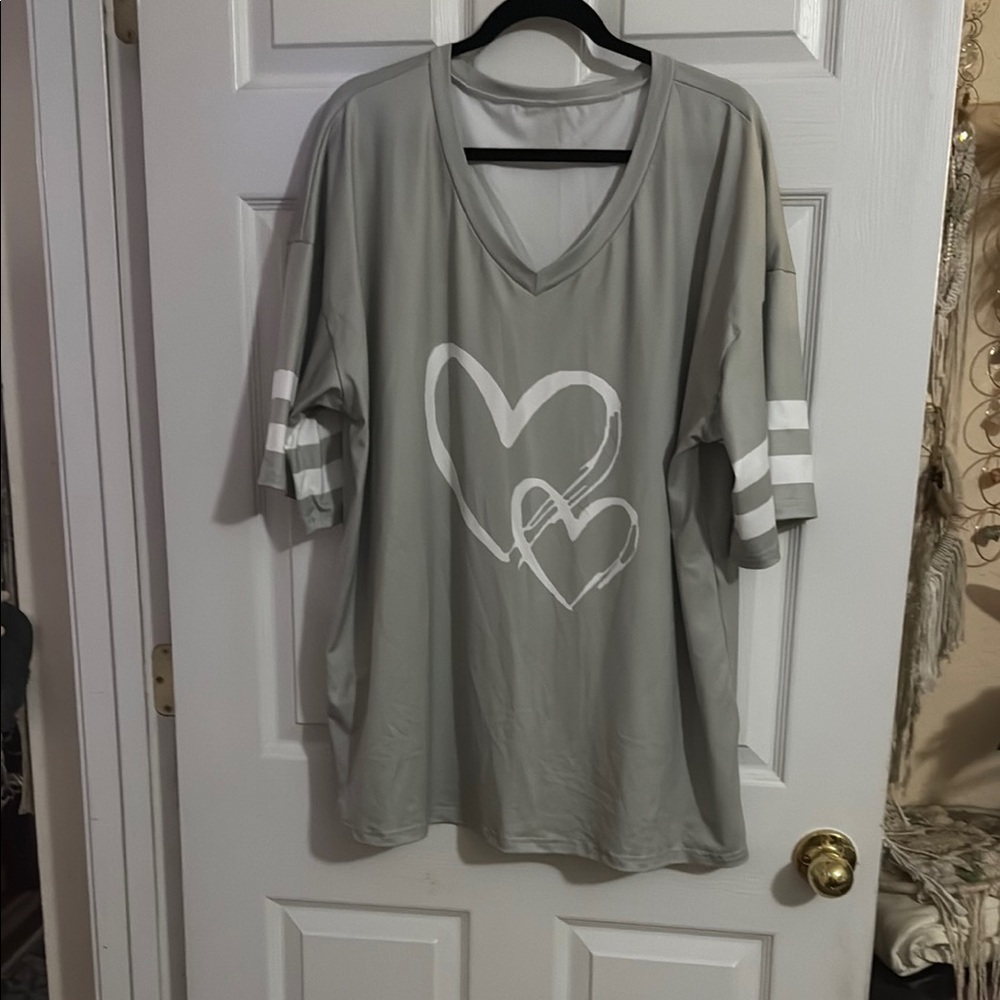Gray V-Neck Long Sleeve Top with Heart Design